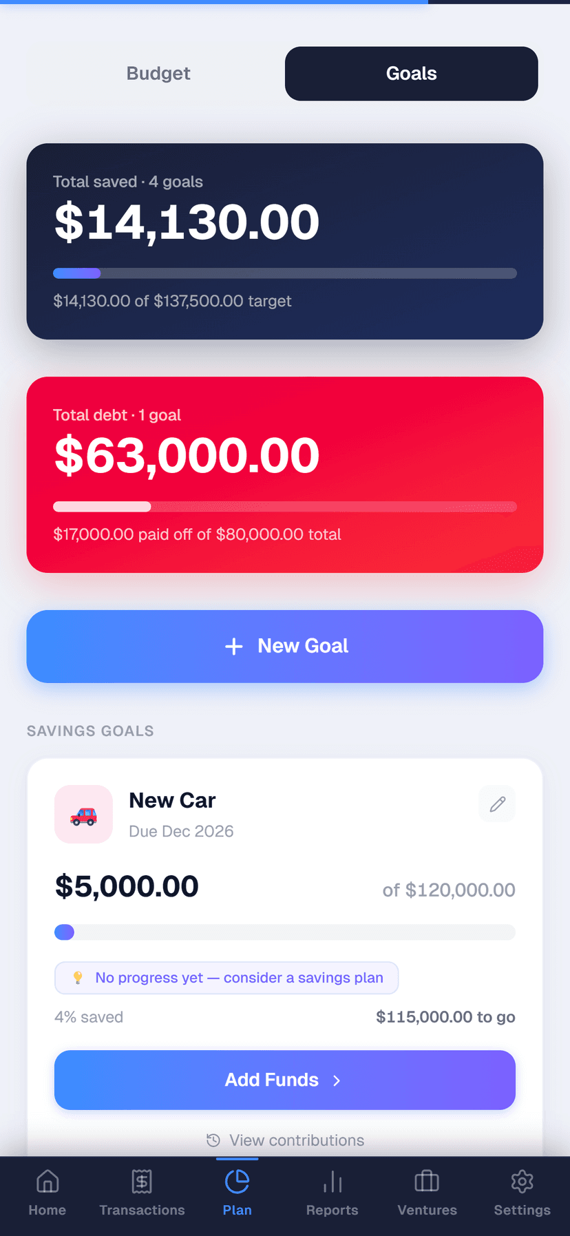 Goals tracking screen